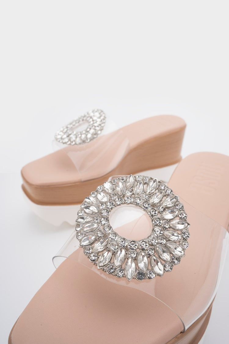 RHINESTONE DÉCOR CLEAR WEDGE SLIDE - Nose