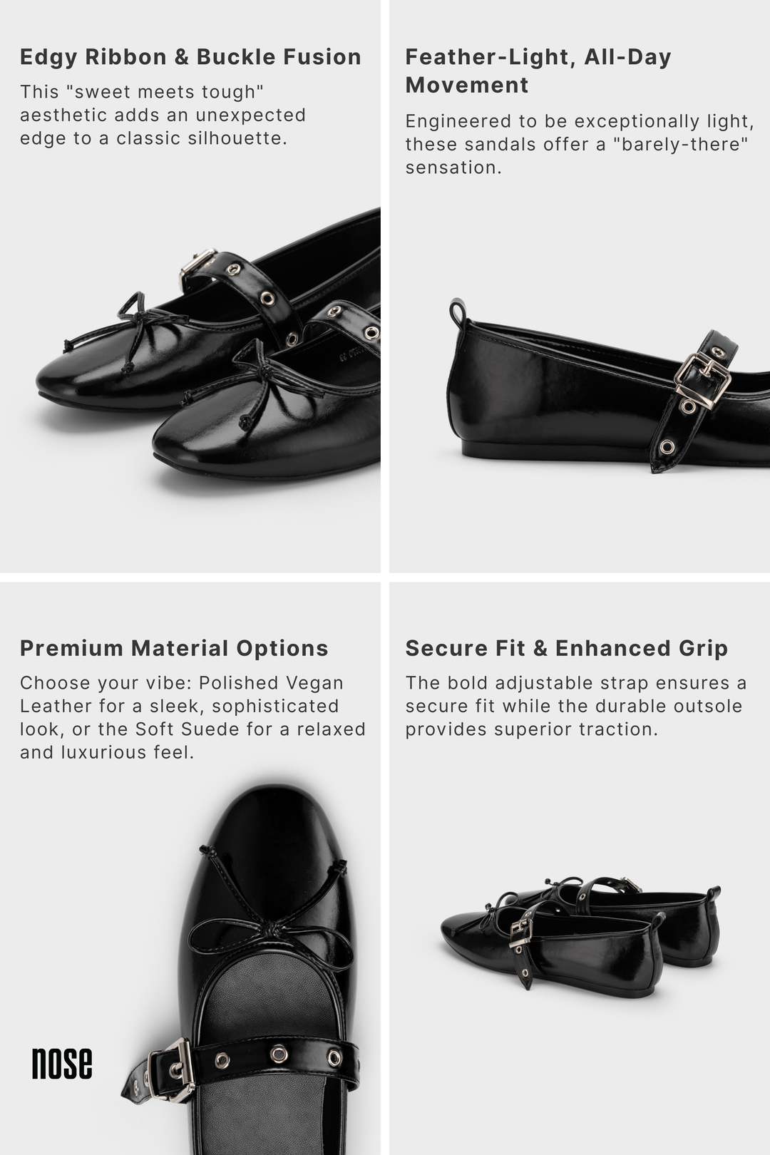 BALLET FLAT WITH BOLD BUCKLE STRAP AND RIBBON