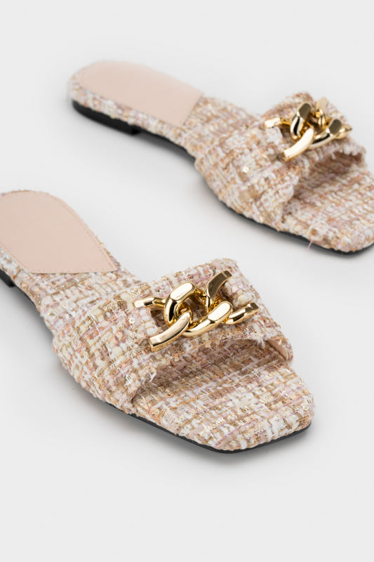 TWEED WITH EMBELLISHED CHAIN FLAT SLIDE - Nose